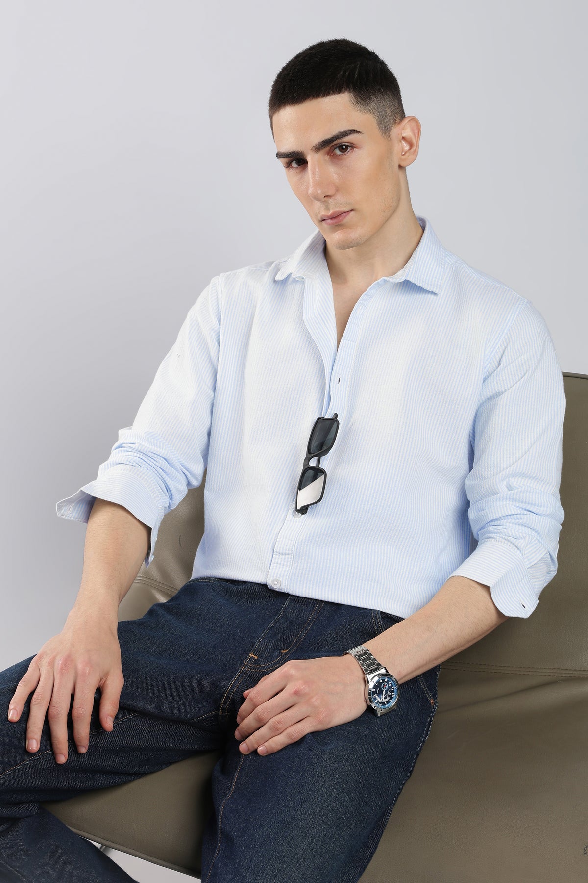 Ice Blue Pinstripe Cotton Shirt