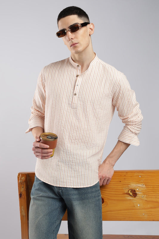 Multicolor Orange Seersucker Stripe Short Kurta