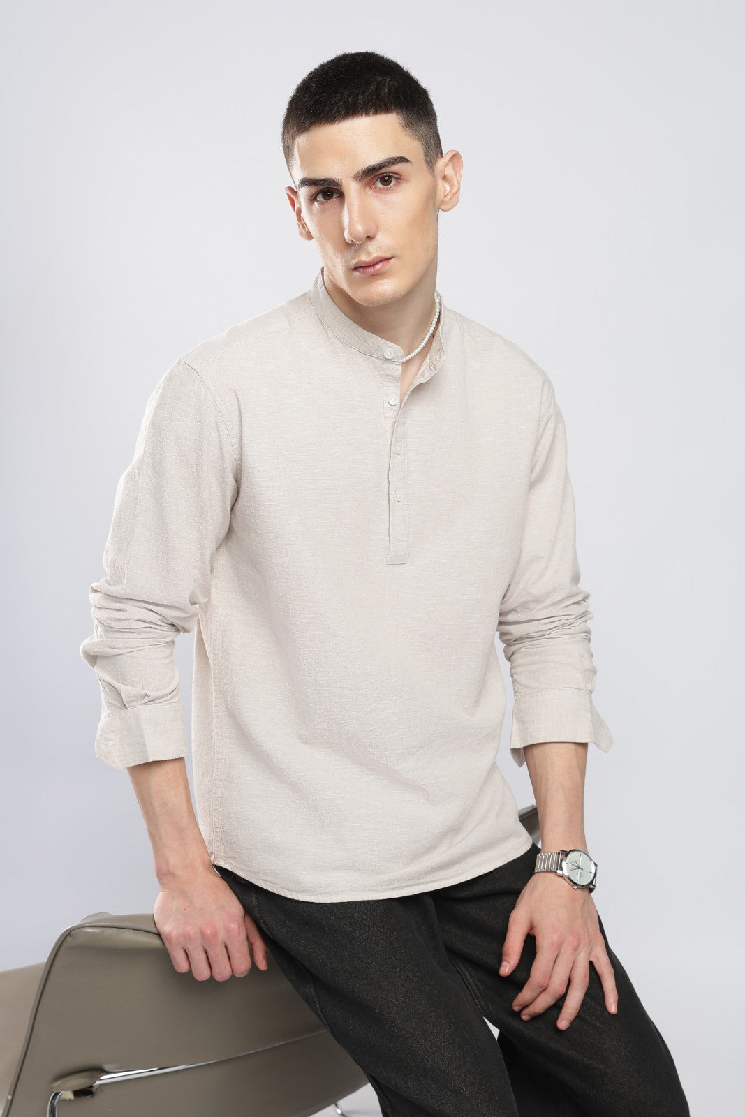 Natural Linen Blend Textured Short Kurta